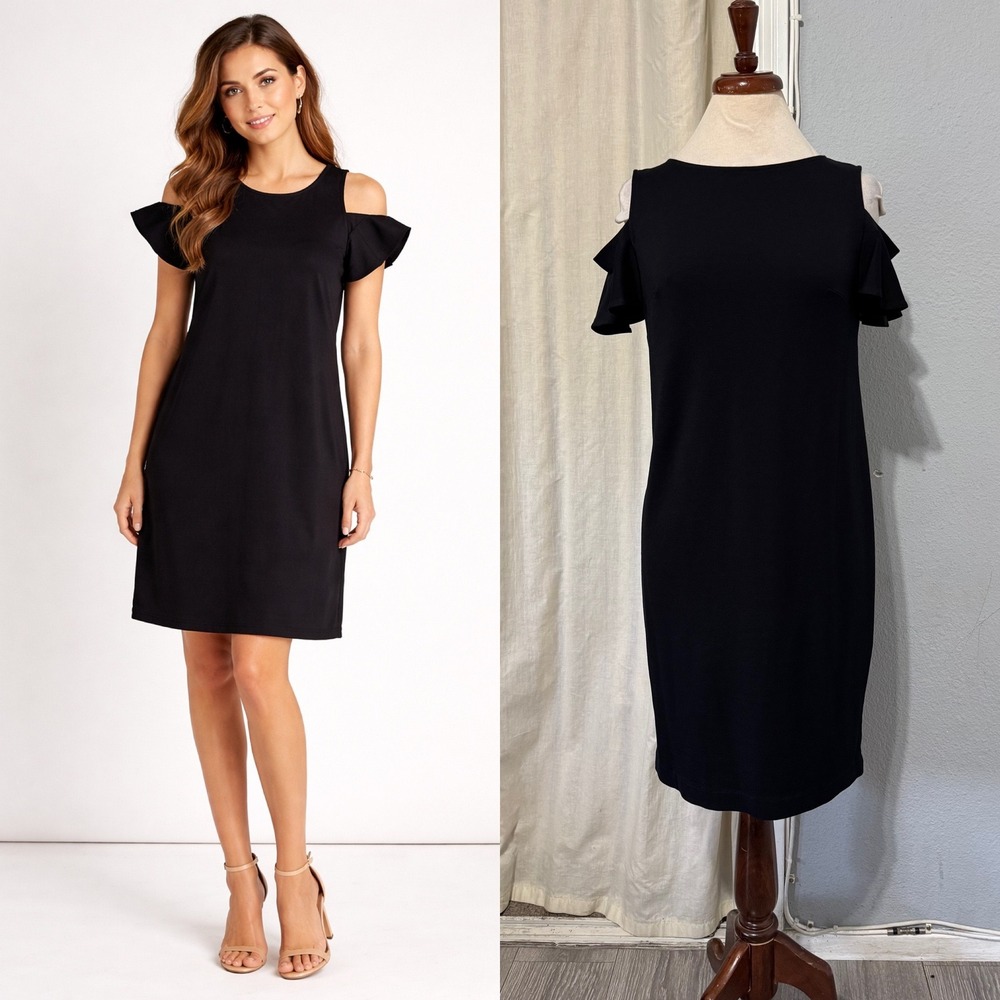 Pietro Brunelli Milano Black Cold Shoulder Flutter Sleeve Shift Dress M Italian‎